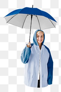 Png woman with umbrella sticker, transparent background