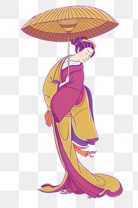 Vintage Japanese woman png, holding umbrella sticker, transparent background