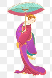 Vintage Japanese woman png, holding umbrella sticker, transparent background