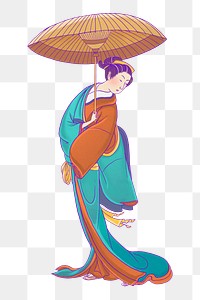 Vintage Japanese woman png, holding umbrella sticker, transparent background