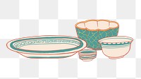 Vintage dish png bowl, object illustration set, transparent background