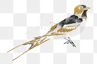 Gold little bird png, vintage animal illustration, transparent background