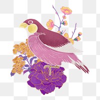 Oriental bird png, vintage flower illustration, transparent background