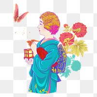 Vintage Japanese woman png, lifestyle sticker, transparent background