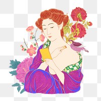 Vintage Japanese woman png aesthetic ukiyo-e remixed sticker, transparent background