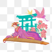 Vintage Japanese woman png, playing koto sticker, transparent background