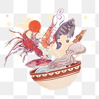 Seafood bowl splash png sticker, Japanese food illustration, transparent background