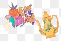 Yellow floral teapot png sticker, vintage object illustration, transparent background