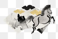 Hokusai's horse fan png sticker, vintage ink illustration, transparent background
