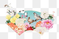 Hokusai's birds fan png, Japanese flower illustration, transparent background