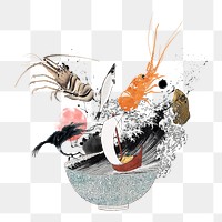 Seafood bowl splash png sticker, Japanese food illustration, transparent background