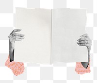 Hands holding png white book, transparent background