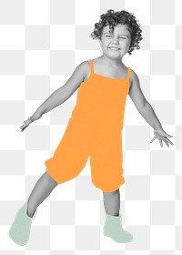 Little boy png sticker, orange overalls, transparent background