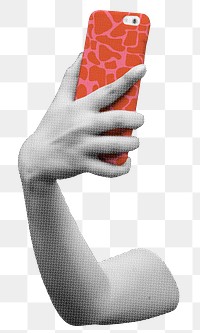 Hand holding phone png sticker, taking selfies, transparent background