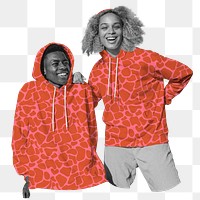 Cheerful couple png sticker matching hoodies, transparent background