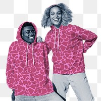 Cheerful couple png sticker matching hoodies, transparent background