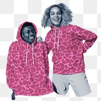 Cheerful couple png sticker matching hoodies, transparent background