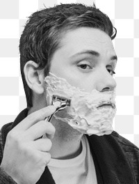 Man shaving beard png sticker, black and white photo, transparent background