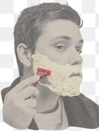 Man shaving beard png sticker, vintage filtered photo, transparent background