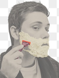 Man shaving beard png sticker, vintage filtered photo, transparent background