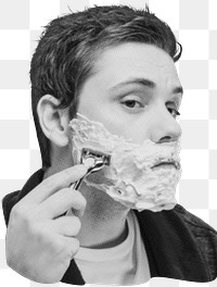 Man shaving beard png sticker, black and white photo, transparent background