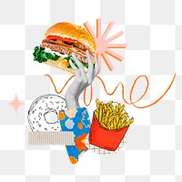 Cute fast food png sticker, hand holding burger remix, transparent background