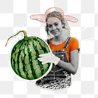 Png woman holding watermelon sticker, agriculture remix, transparent background