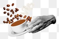 Png hand holding coffee cup remix sticker, transparent background