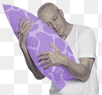 Png mature man hugging his pillow sticker, transparent background