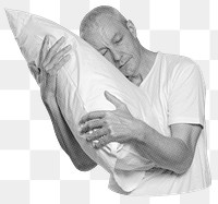 Png mature man hugging his pillow sticker, transparent background