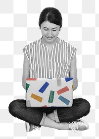 Png woman working on laptop sticker, transparent background