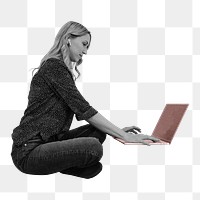 Png woman working on laptop sticker, transparent background