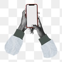 Png hands holding mobile phone sticker, transparent background