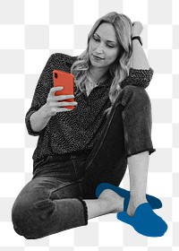 Png woman scrolling mobile phone sticker, transparent background