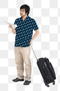 Asian man png dragging luggage, travel photo, transparent background