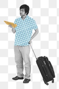 Asian man  png dragging luggage, travel photo, transparent background