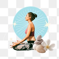 Woman meditating png sticker, health and wellness remix, transparent background