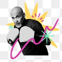 Png mature man wearing boxing gloves sticker, remix, transparent background