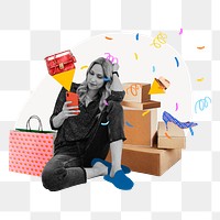 Woman shopaholic png sticker, online shopping remix, transparent background