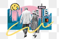 Retirement travel png sticker, old couple holding hands remix, transparent background