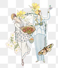 Png women in garden ephemera sticker, transparent background