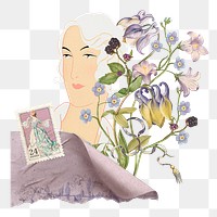 Flower lady png ephemera sticker, transparent background