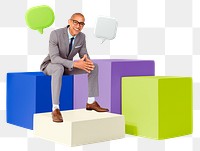 Successful CEO sitting png podium, 3D remix, transparent background