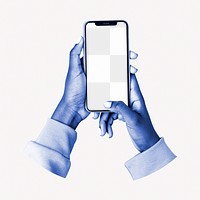 Holding smartphone png blue mockup, transparent design