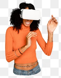 Png woman with VR headset sticker, transparent background