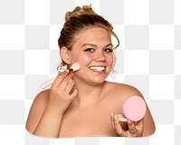 Png girl putting on makeup sticker, transparent background
