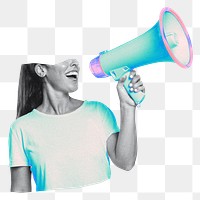 Woman with megaphone png business sticker, transparent background 