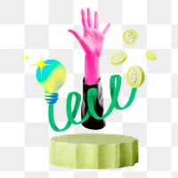 Creative pitching png sticker, raised hand, business success remix, transparent background