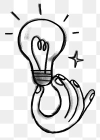 Png hand holding light bulb sticker, transparent background