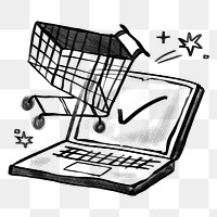 Online shopping cart png sticker, laptop doodle, transparent background